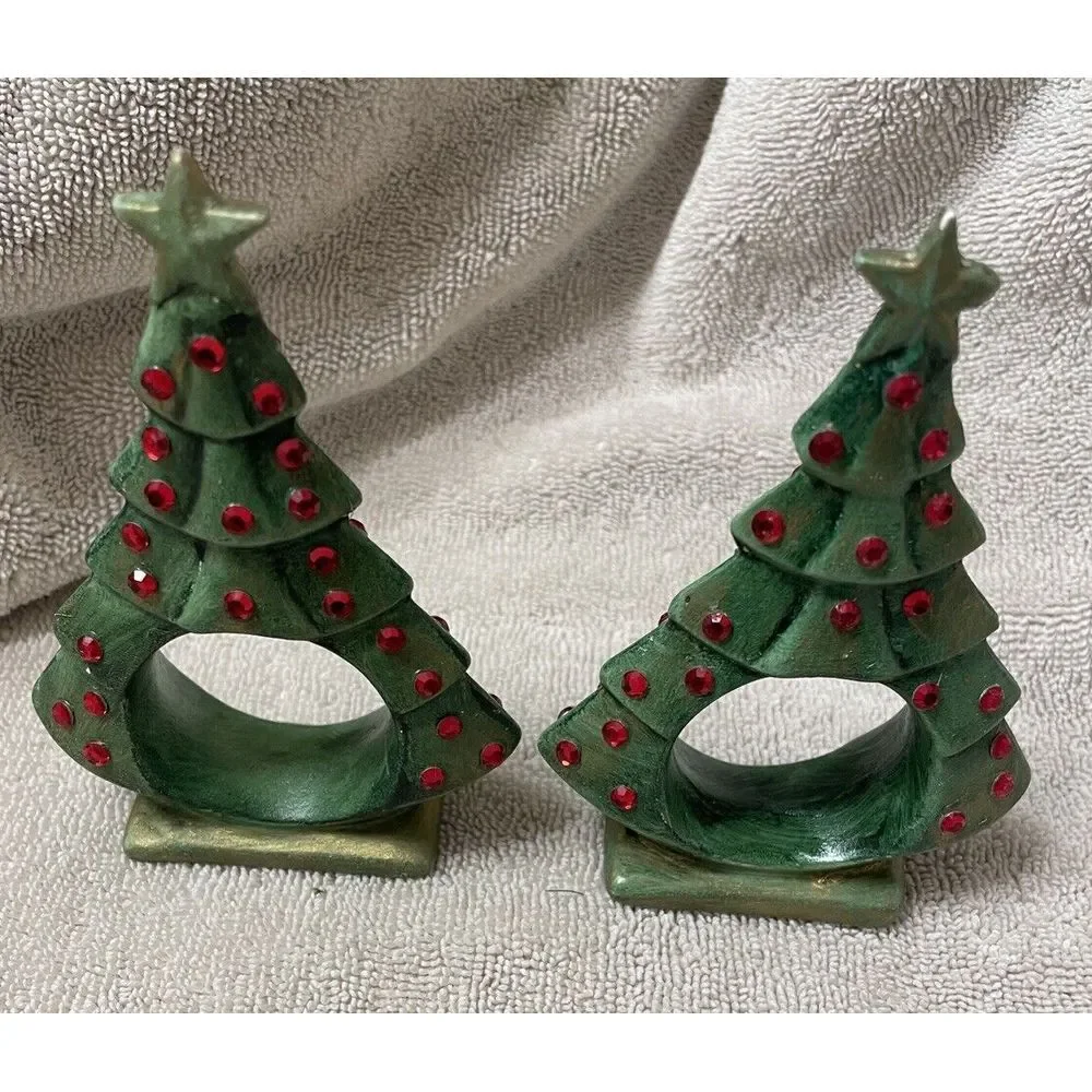 Vintage Handcrafted Christmas Tree Napkin Rings Green‎ Ceramic Set of 2 Pcs
